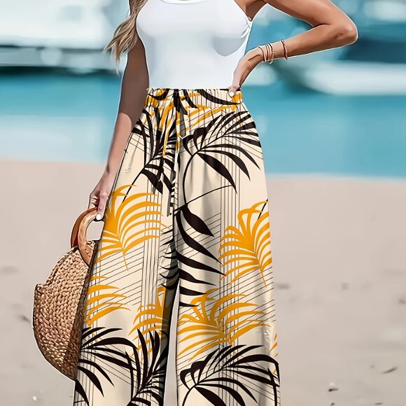 Women’s Tropical Palm Leaf Wide-Leg Pants – Size L - Picture 4 of 6